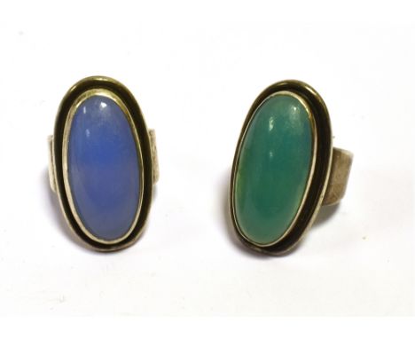 DANISH SILVER DESIGNER RINGS  By S.Chr.Fogh of Copenhagen, silversmith 1947-1973, containing bezel set, blue and green chalce