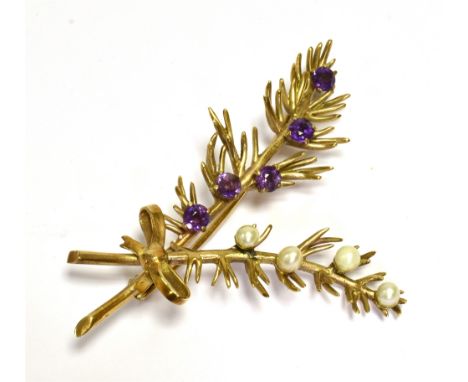 VINTAGE 9CT GOLD FOLIATE SPRAY BROOCH  6.3cm long, one spray embellished with 4.0mm round amethysts, and one with 3.6mm pearl