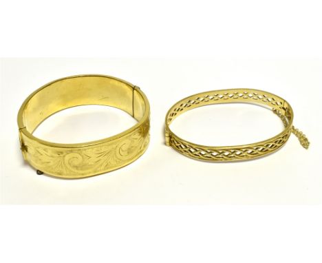 9CT GOLD PLATED BANGLES  One 18.3mm wide hinged cuff bangle with foliate and scroll engraving, stamped '9ct Gold Metal Cored'