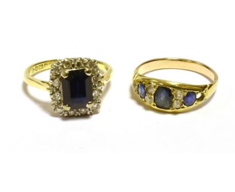 SAPPHIRE &amp; DIAMOND 18CT GOLD DRESS RINGS  One with octagonal dark blue sapphire, approx 2.0 carats, surrounded by a halo 