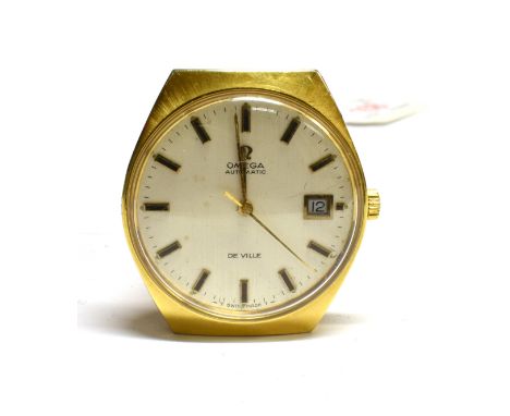 OMEGA, DEVILLE, A GENTLEMAN'S GOLD-PLATED TONNEAU-SHAPED AUTOMATIC BRACELET WATCH, CIRCA 1970(?) round brushed-silvered dial 