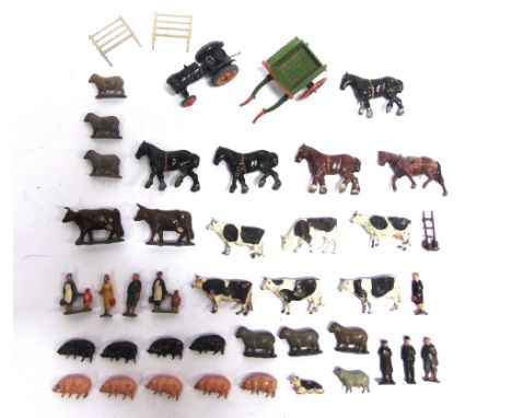 ASSORTED BRITAINS LILLIPUT FARM ANIMALS &amp; ACCESSORIES  including a Fordson tractor and a tumbrel; together with a small q