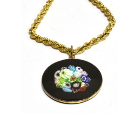 AN ITALIAN 9CT GOLD HOLLOW-ROPE NECKLACE, AND A MILLEFIORI BLACK GROUND ROUND PENDANT the necklace on a bolt-ring clasp, post