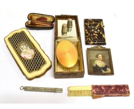 A COLLECTION OF OBJECTS TO INCLUDE A LATE VICTORIAN TORTOISESHELL PIQUE SMALL CARD CASE 9cm high (3 ½ in); a silver foliate e