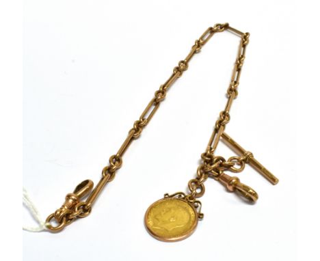 AN EARLY 20TH CENTURY ROSE GOLD FETTER AND THREE WATCH CHAIN/ALBERT, AND A HALF-SOVEREIGN PENDANT; the necklace with each fet
