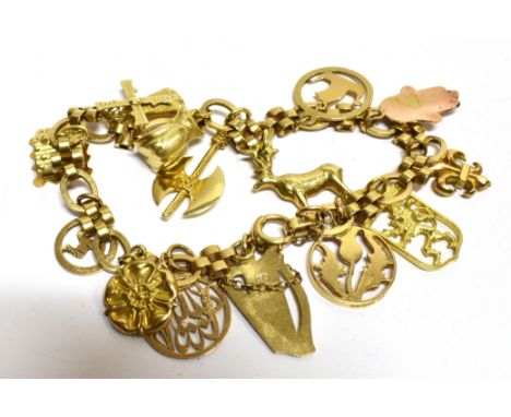 A VINTAGE GOLD 'CHARM' BRACELET  in the form of alternate open-oval and block-links on a bolt-ring clasp, stamped '9c', and h