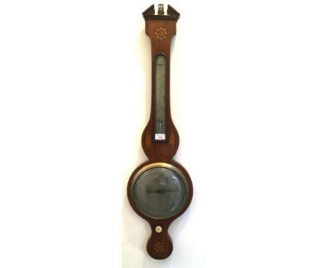 A MAHOGANY BANJO BAROMETER/THERMOMETER  with marquetry inlaid decoration, the silvered dial signed 'Falciola, Nottingham', 97