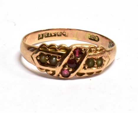 AN EDWARDIAN 9CT ROSE GOLD, RED-PASTE AND HALF-PEARL GYPSY RING In the form of a central small pale-red-paste three-stone dia