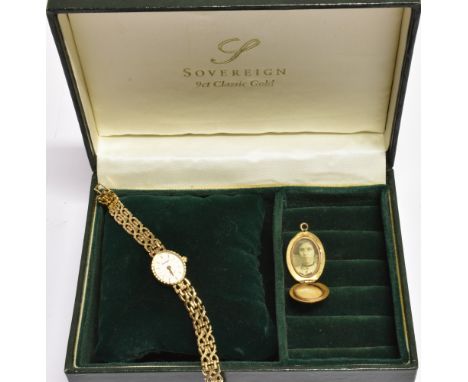 SOVEREIGN, A LADY'S 9CT GOLD OVAL QUARTZ BRACELET WATCH, CIRCA 2005 the white oval dial with raised gilt baton indicators and