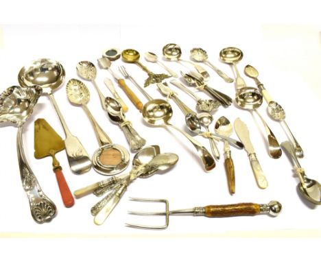 A COLLECTION OF PLATED ITEMS TO INCLUDE A QUEENS PATTERN PUNCH LADLE a fiddle pattern soup ladle; two small silver-mounted ph