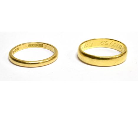 TWO VINTAGE IRISH 18CT GOLD WEDDING BANDS  comprising a 'D' section band, engraved with an indistinct internal inscription 'R
