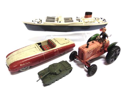 ASSORTED TOYS  comprising a Mettoy tinplate 'Monte Carlo' sports car, maroon and cream, 32.5cm long; a Tri-ang Minic plastic 