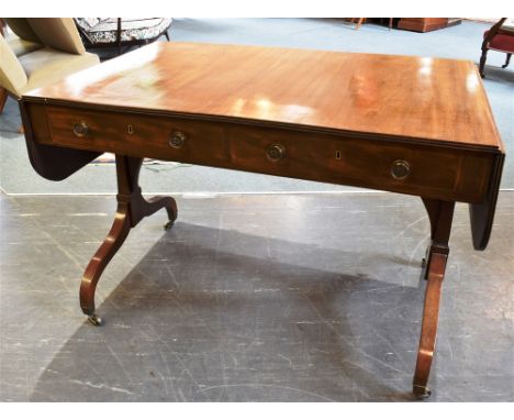 A MAHOGANY SOFA TABLE  the two frieze drawers with inlaid decoration, 155cm wide with both leaves 69cm deep