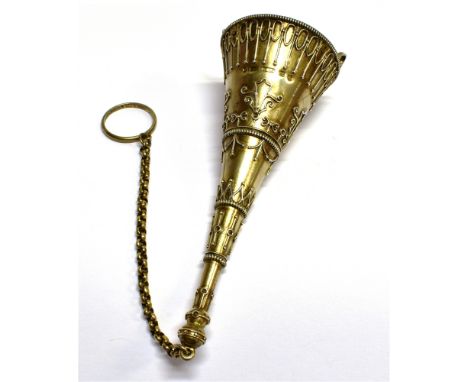 A VICTORIAN SILVER-GILT CONICAL POSY HOLDER DECORATED WITH WIREWORK with a nulled rim and decorated with applied beads and wi