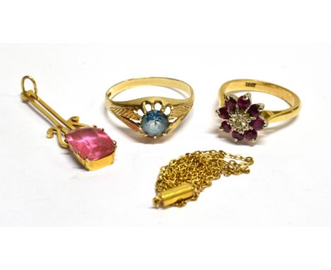 TWO VINTAGE GOLD AND GEM SET RINGS AND A PINK-PASTE PENDANT comprising; a ruby and diamond nine stone cluster ring, centred w