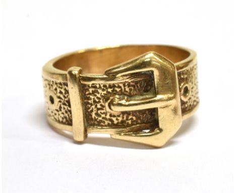 A VINTAGE GOLD 'BUCKLE' RING with a part-textured broad slightly tapering shank and shoulders, marks worn, the head approx. 1