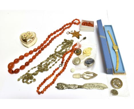 A COLLECTION OF COSTUME JEWELLERY AND OTHER ITEMS INCLUDING A CARNELIAN NECKLACE a Victorian silver foliate-engraved butter k