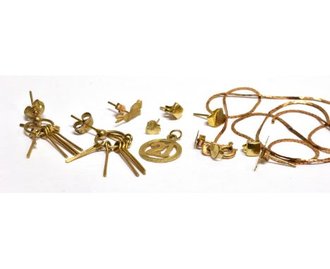 A 9CT GOLD FINE-LINK NECKLACE AND A SMALL COLLECTION OF GOLD AND YELLOW METAL EARRINGS the chain with import marks for Birmin
