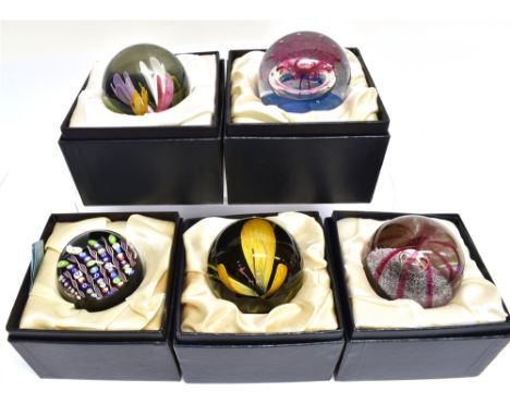A COLLECTION OF FIVE BOXED CAITHNESS LIMITED EDITION PAPERWEIGHTS:  'Regency Stripe' 617/1000; 'Bauble, Bangle &amp; Beads' 8
