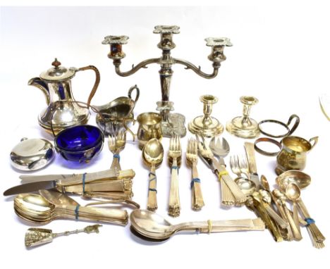 A COLLECTION OF PLATED ITEMS INCLUDING A TWO BRANCH/THREE LIGHT CANDELABRA a baluster shaped hot water jug with a wicker-boun