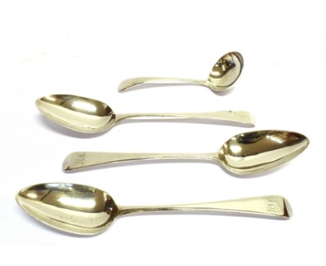 THREE GEORGE III SILVER OLD ENGLISH PATTERN TABLESPOONS AND A LATER SAUCE LADLE The spoons comprising; a pair engraved with s