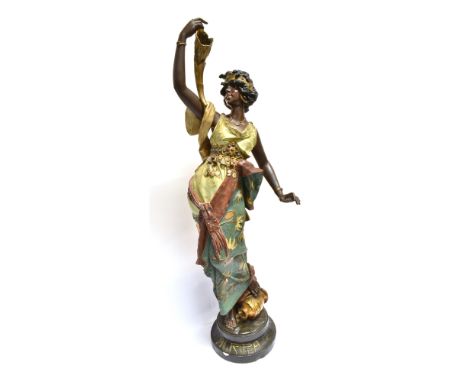 A LARGE GERMAN ART NOUVEAU CONTINENTAL PAINTED PLASTER BLACKAMOOR FEMALE FIGURE  'AGRIPPA' in the Goldscheider style, impress
