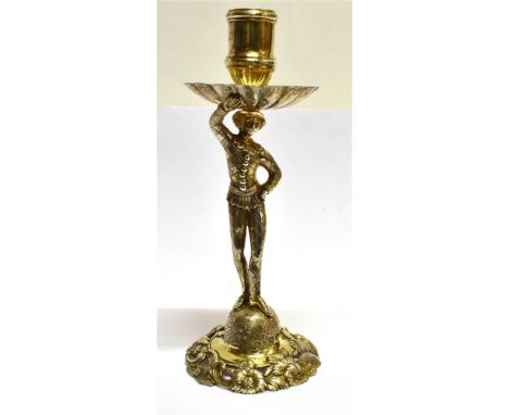 AN EARLY VICTORIAN CAST SILVER-GILT 'HARLEQUIN' SHORT-CANDLESTICK OR TAPER STICK the harlequin holding aloft a fluted drip pa