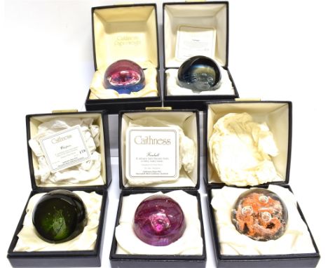 A COLLECTION OF FIVE BOXED CAITHNESS PAPERWEIGHTS  including limited edition examples: 'Twilight', 356/750, with certificate;