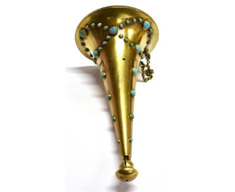 A MID-VICTORIAN SILVER-GILT AND TURQUOISE MOUNTED TRUMPET-SHAPED POSY HOLDER with three sprung fold-in/out legs (allows the p