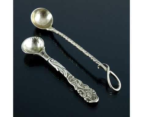 Two Victorian silver condiment spoons, George Adams, London 1856 and 1860, one of 18th century whip terminal and twisted stem