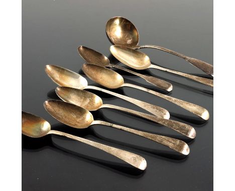 A set of six George III silver dessert spoons, William Sutton, London 1790 and 1791, Old English pattern, together with a Fid