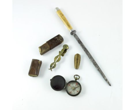A pair of Harrison sovereign scales in leather case, together with novelty violin case vesta case, knife sharpener and a comp