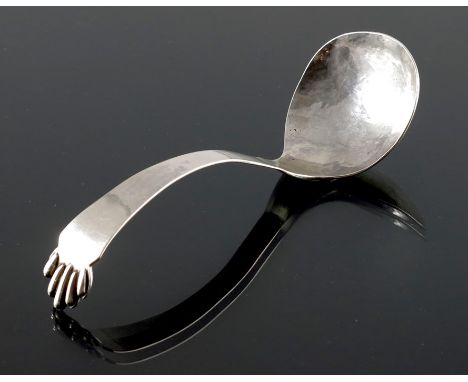 A Modernist silver spoon, ME, London 1973, planished ladle form, with stlised chell terminal, 12cm long, 0.83ozt