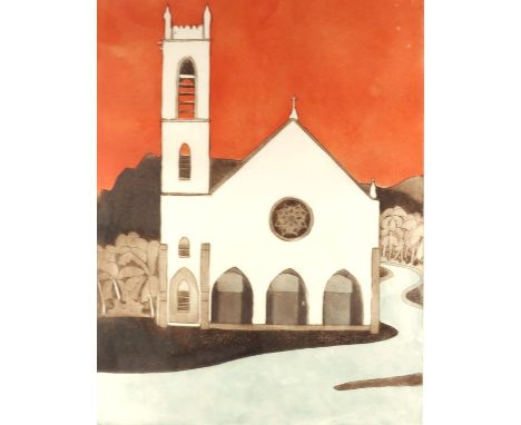 John Brunsdon (1933-2014), Church, coloured lithograph, signed and numbered 26 of 35, 60cm x 46cm, framed