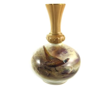 James Stinton for Royal Worcester, a blush ivory pheasant painted vase, 1909, bulbous form with knopped neck, signed, green m