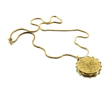 A  Modernist 9 carat gold locket on chain, textured rosette form within an open crimped ribbon border, 3.5cm diameter, chain 