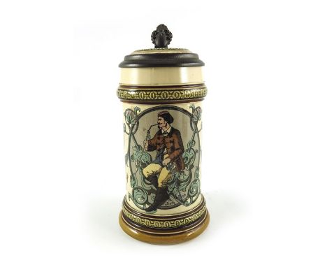 R Buch for Mettlach, Villeroy and Boch, a half litre stein, transfer printed smoking soldier, number 1530, circa 1891, pewter