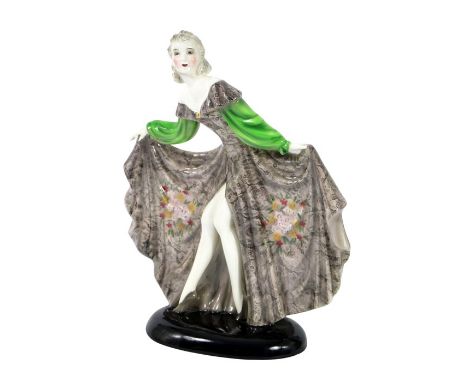 Stephan Dakon for Goldscheider, Jolanthe, circa 1939, model number 8440, green sleeves and printed grey damask and floral dre