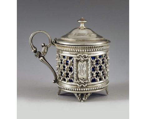 Philippe Berthier, Paris circa 1845, a French silver mustard pot, cylindrical form, embossed in high relief with rosette stud