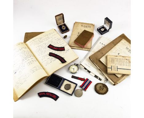 A group of military objects and ephemera belonging to Gunner Gordon W. James, including the War Medal 1939-45, Royal Artiller