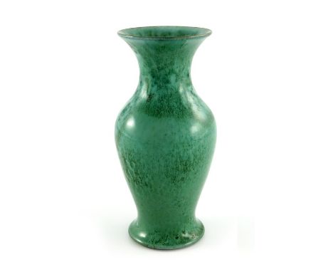 William Howson Taylor for Ruskin, a High Fired vase, 1905, inverse balsuter form with flared neck, green flambe glaze, impres