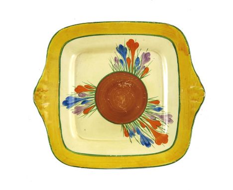 Clarice Cliff for Wilkinson, a Crocus sandwich serving plate, square form with moulded handles, Bizarre mark, 27cm long