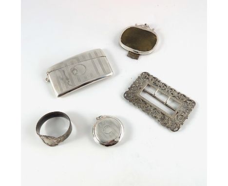 Victorian and later silver including George Unite card case, napkin ring, buckle, compact and miniature photo frame, various 