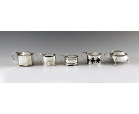 Five English silver mustard pots, with date marks from 1903 to 1919, various makers, Birmingham &amp; Chester, of oval and ci