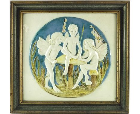 Ellen Mary Rope for Della Robbia, an art pottery plaque, 1901, relief moulded with fairies on toadstools with foxgloves, inci