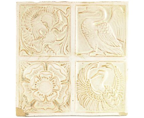 William De Morgan for Merton Abbey, a relief moulded four section tile, circa 1885, Tudor Rose, Carnation, Phoenix and Swan, 