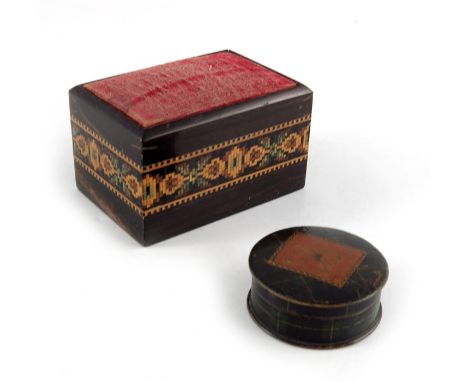 A Tunbridge ware pin cushion and a Tartan Ware patch box with printed stamp to the lid in Gordon tartan, th epin cushion of c