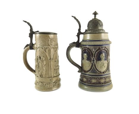 Two relief moulded half litre steins, one with portrait roundels of German Kaisers, the other for Wartburg, pewter lids, 24cm