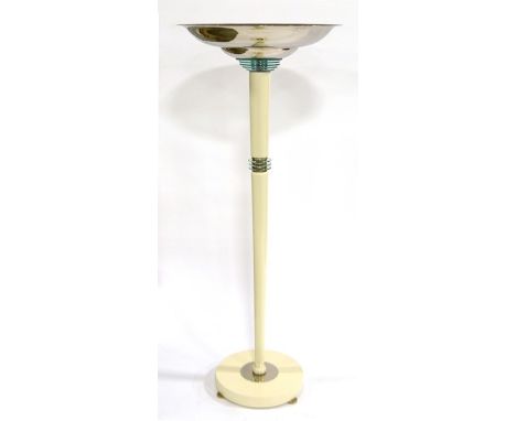 A French Art Deco Uplighter Floor Lamp, 1930s, the central tapered lacquered support mounted with circular glass and chrome d