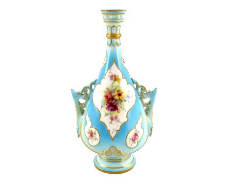 A Royal Worcester floral painted Persian bottle vase, circa 1896, footed baluster bottle form with two reticulated handles, t